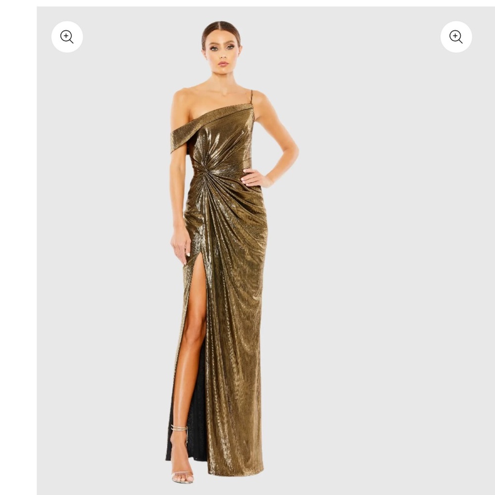 Mac Duggal Gold Metallic Off The Shoulder Gown